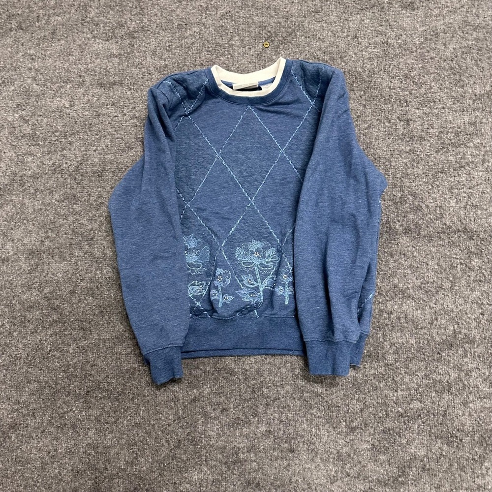 Alfred Dunner Sweatshirt Womens PM Blue Floral Embroidered Rhinestone Casual